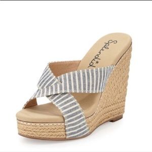 SPLENDID Kalypso Wedge Sandals raffia rope platform blue & white stripe size 7.5